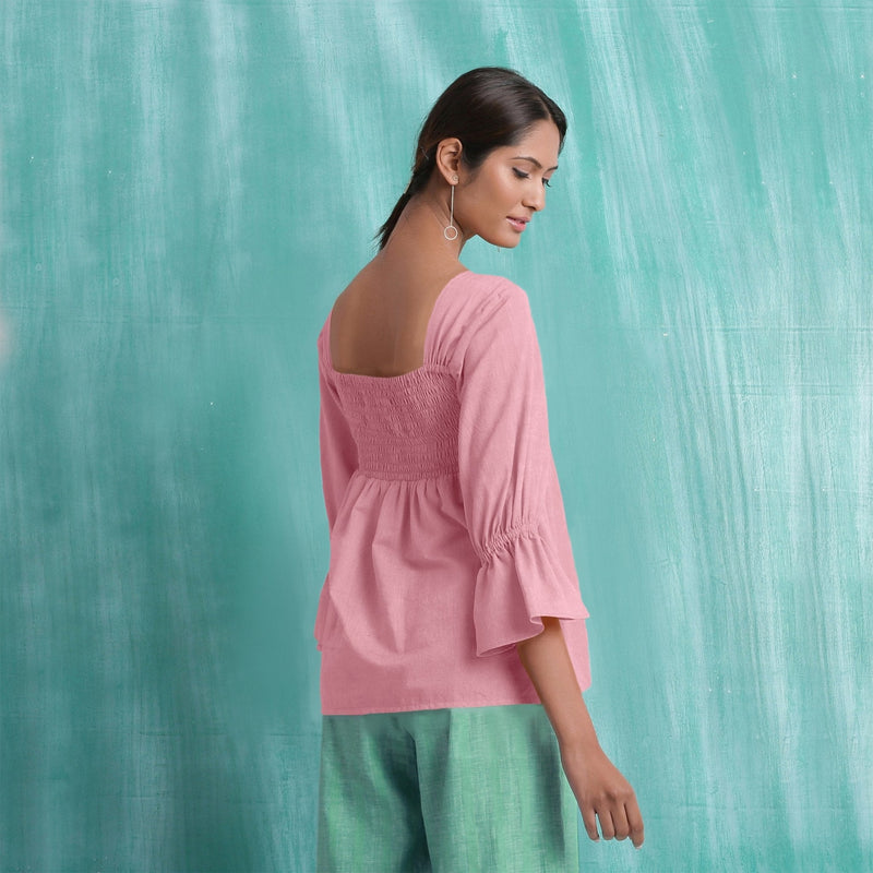 Pink Mirror Work Cotton Flax Poet Sleeves Yoked Top