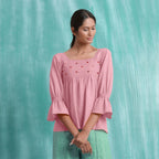 Pink Mirror Work Cotton Flax Poet Sleeves Yoked Top