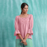 Pink Mirror Work Cotton Flax Poet Sleeves Yoked Top