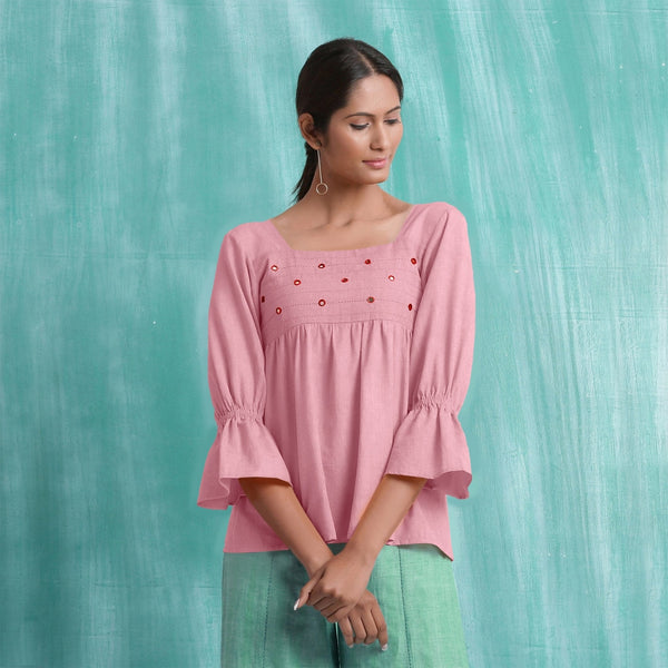 Pink Mirror Work Cotton Flax Poet Sleeves Yoked Top