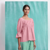Pink Mirror Work Cotton Flax Poet Sleeves Yoked Top
