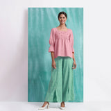 Pink Mirror Work Cotton Flax Poet Sleeves Yoked Top