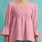 Pink Mirror Work Cotton Flax Poet Sleeves Yoked Top