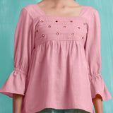 Pink Mirror Work Cotton Flax Poet Sleeves Yoked Top
