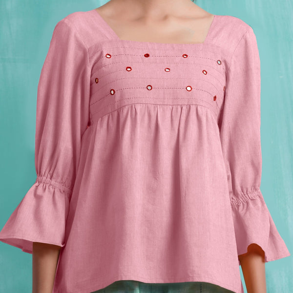Pink Mirror Work Cotton Flax Poet Sleeves Yoked Top