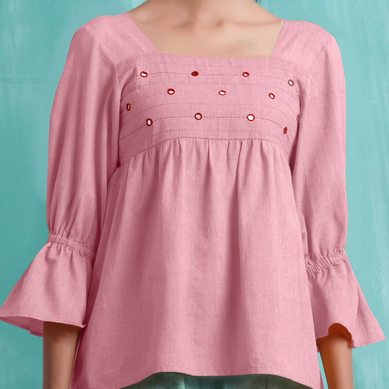Pink Mirror Work Cotton Flax Poet Sleeves Yoked Top