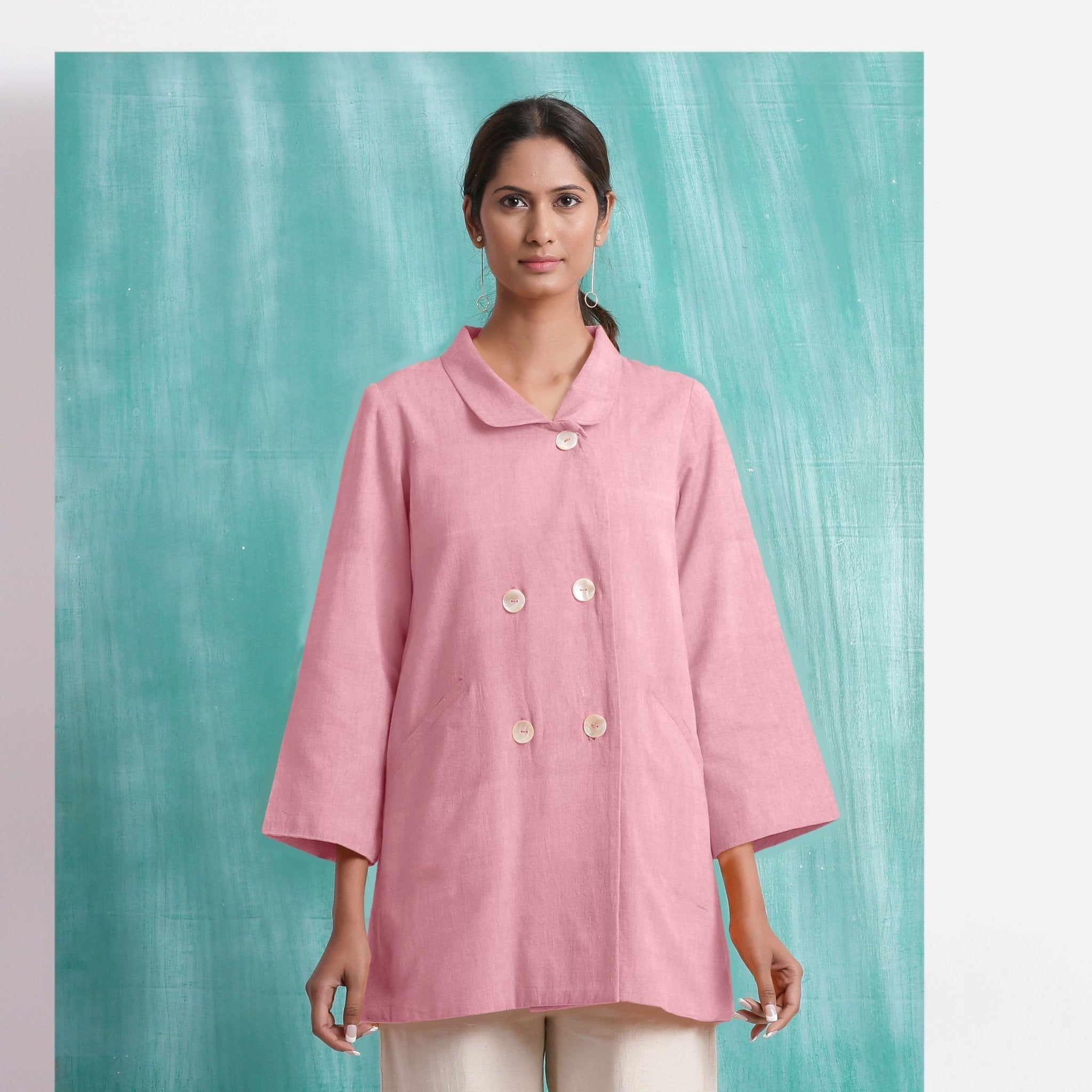 Pink Cotton Flax Welt Pocket Coat