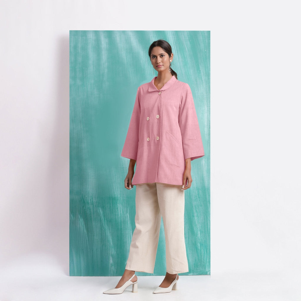 Pink Cotton Flax Welt Pocket Coat