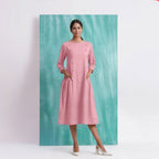 Pink Mirror Work Embroidered Cotton Flax Paneled Midi Dress