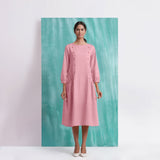 Pink Mirror Work Embroidered Cotton Flax Paneled Midi Dress