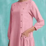 Pink Mirror Work Embroidered Cotton Flax Paneled Midi Dress
