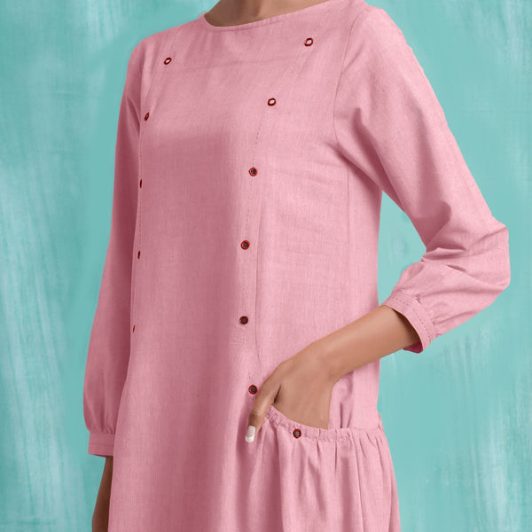 Pink Mirror Work Embroidered Cotton Flax Paneled Midi Dress