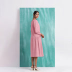 Pink Mirror Work Embroidered Cotton Flax Paneled Midi Dress