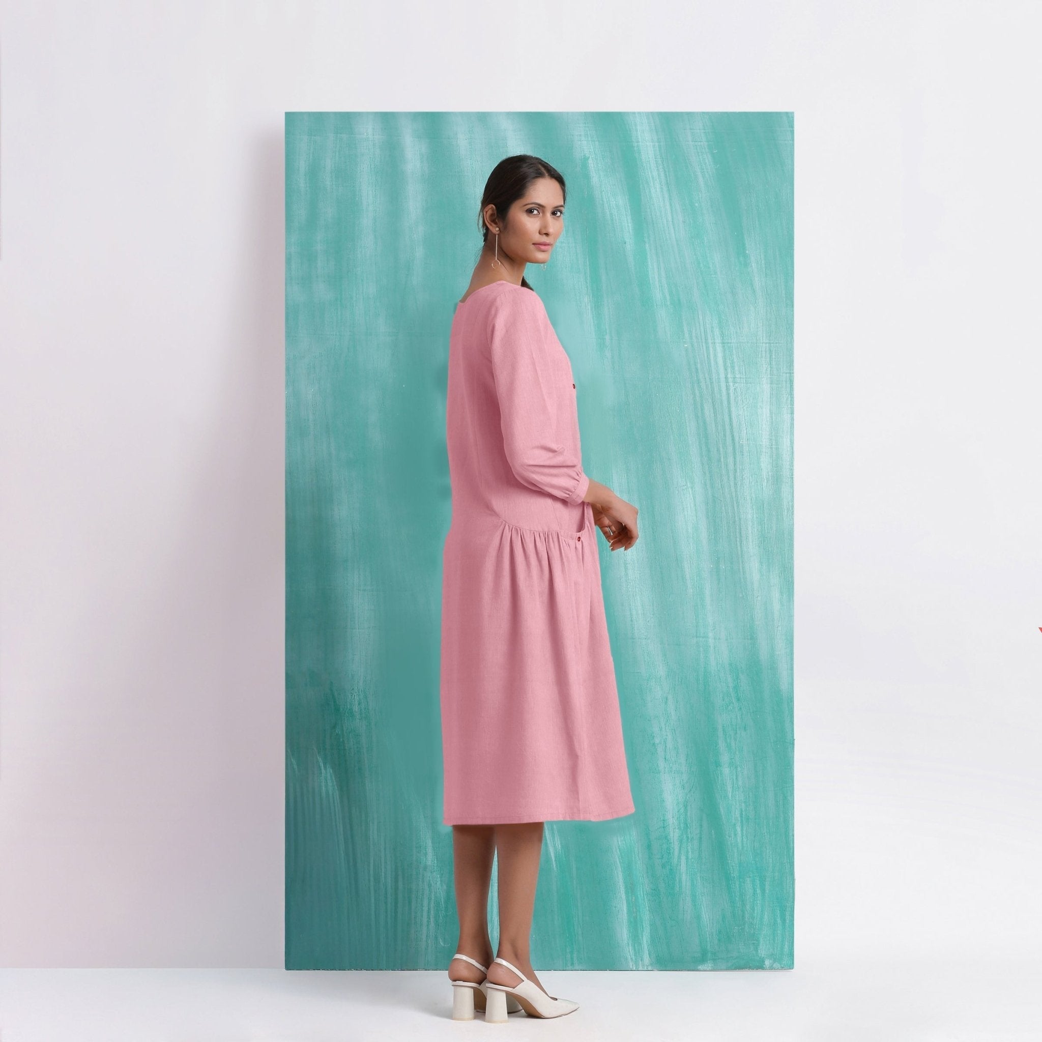 Pink Mirror Work Embroidered Cotton Flax Paneled Midi Dress