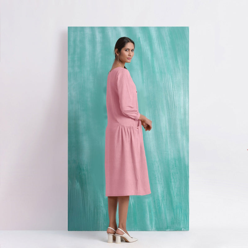 Pink Mirror Work Embroidered Cotton Flax Paneled Midi Dress