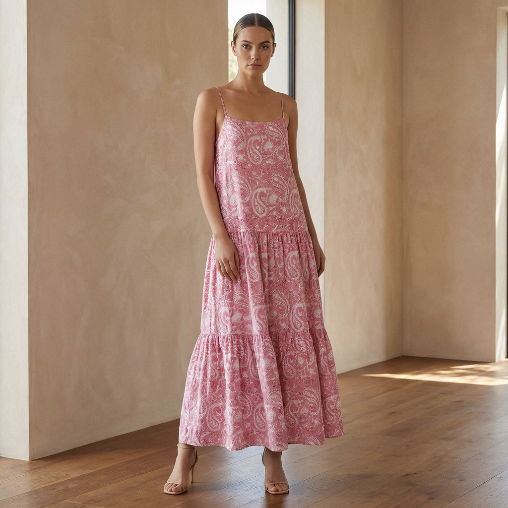 Pink Paisley Block Print Cotton Drop-Waist Camisole Maxi Tier Dress