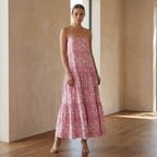 Pink Paisley Block Print Cotton Drop-Waist Camisole Maxi Tier Dress