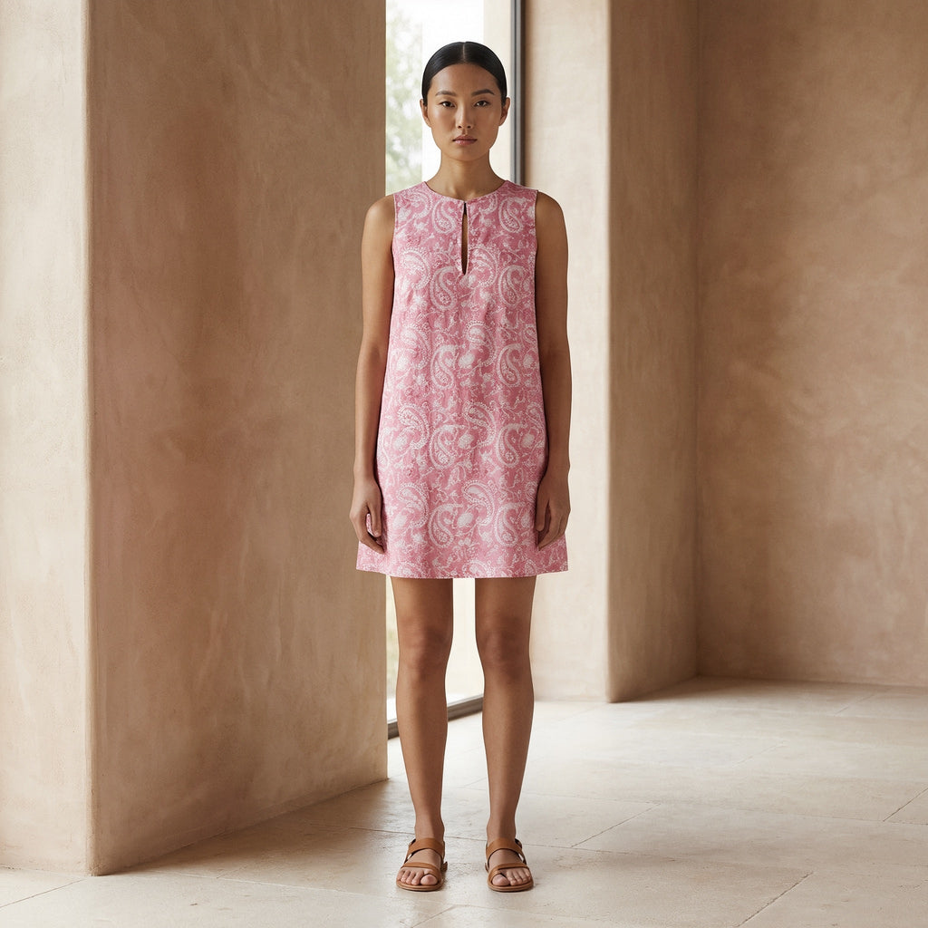 Pink Paisley Block Print Cotton Sleeveless A-Line Short Shift Dress