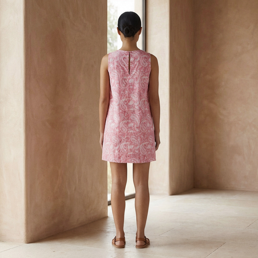 Pink Paisley Block Print Cotton Sleeveless A-Line Short Shift Dress