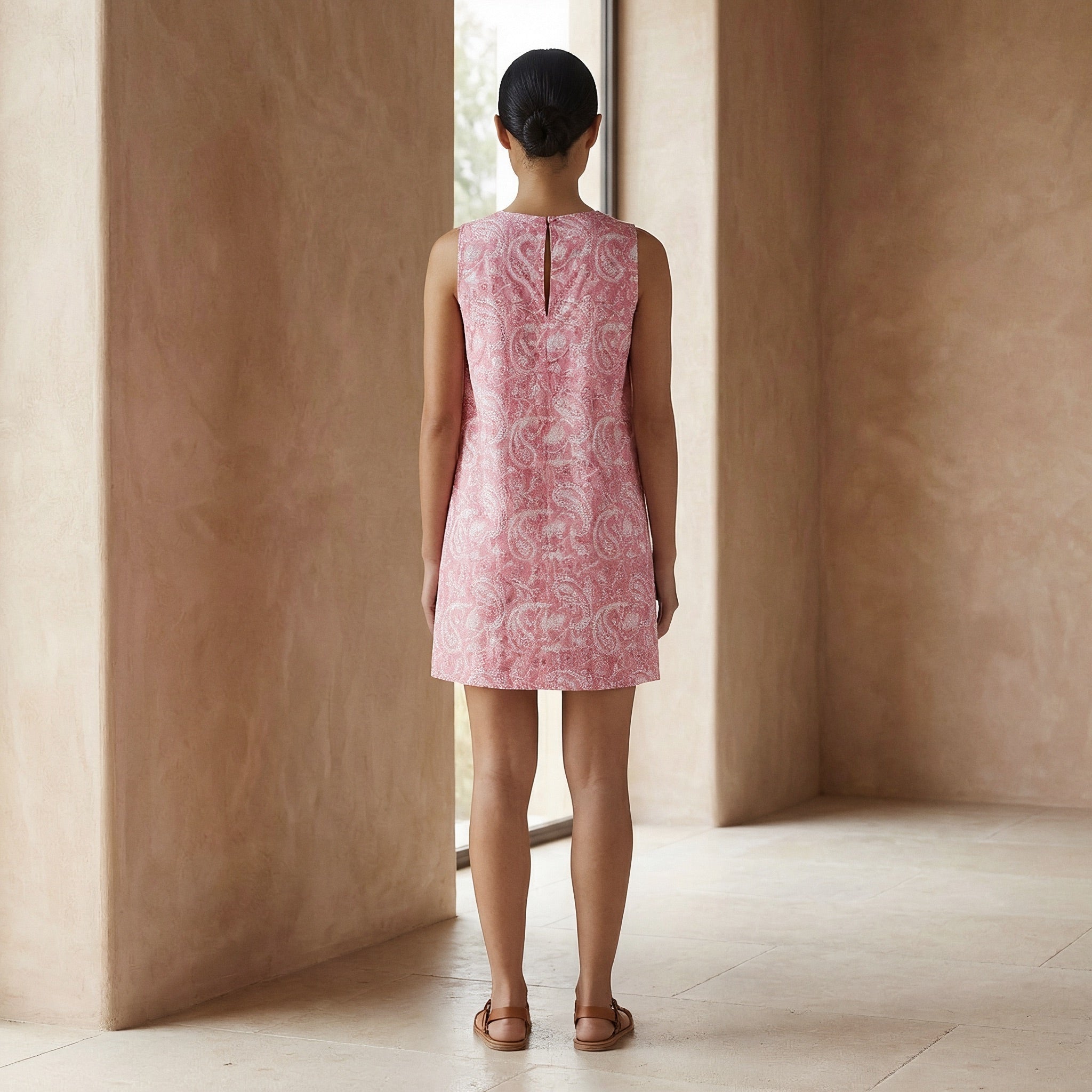 Pink Paisley Block Print Cotton Sleeveless A-Line Short Shift Dress