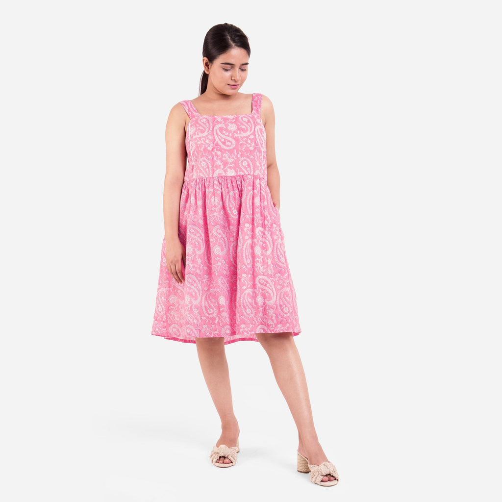 Front View of a Model wearing Pink Paisley Fit and Flare Cotton Dress