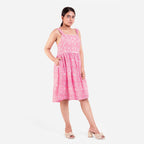 Right View of a Model wearing Pink Paisley Fit and Flare Cotton Dress