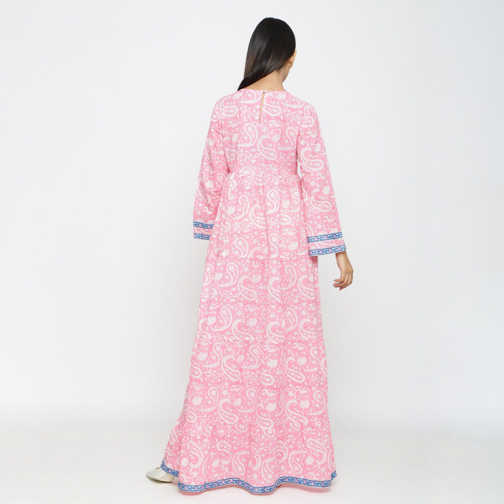 Back View of a Model wearing Pink Paisley Floor-Length Tier Dress