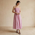 Pink Paisley Floral Block Print Cotton Ankle Length Flared Sundress