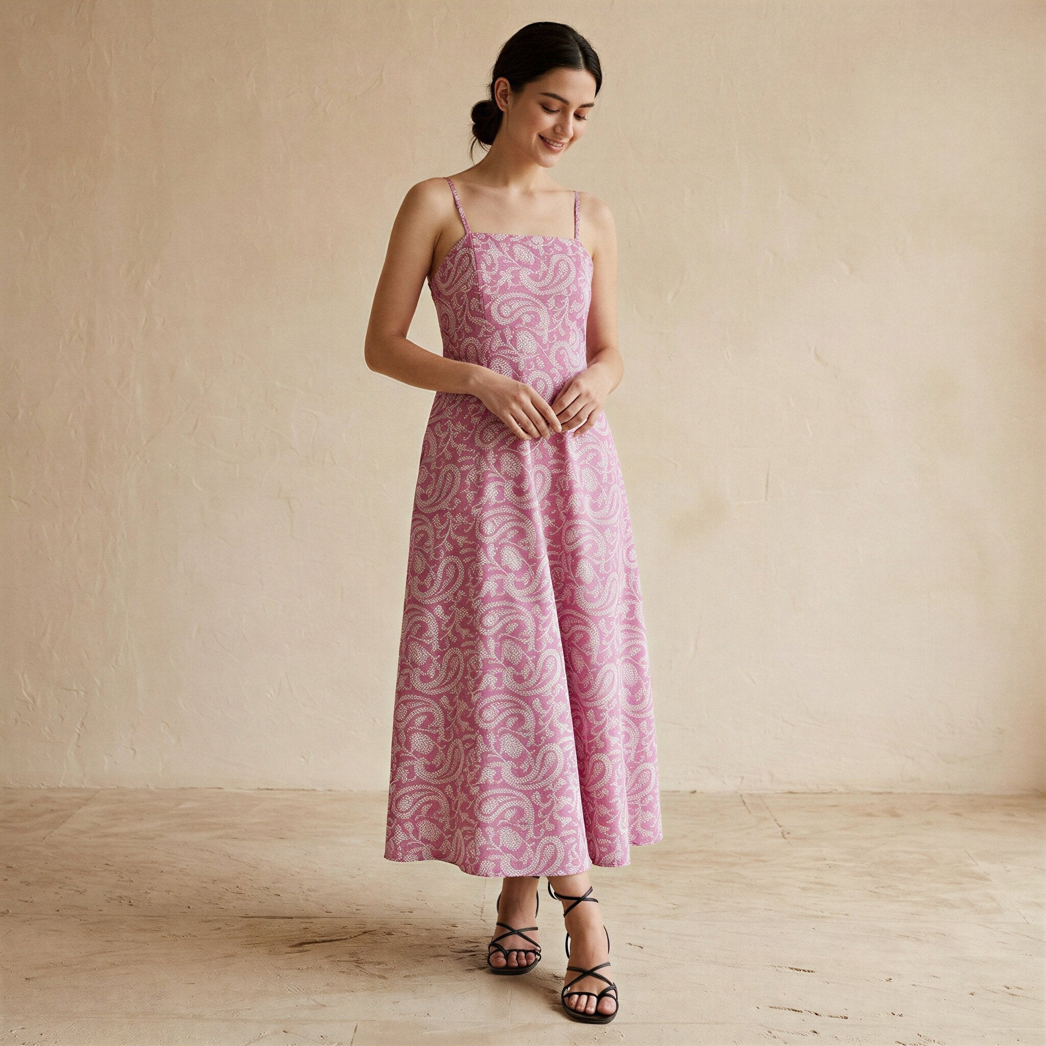 Pink Paisley Floral Block Print Cotton Ankle Length Flared Sundress