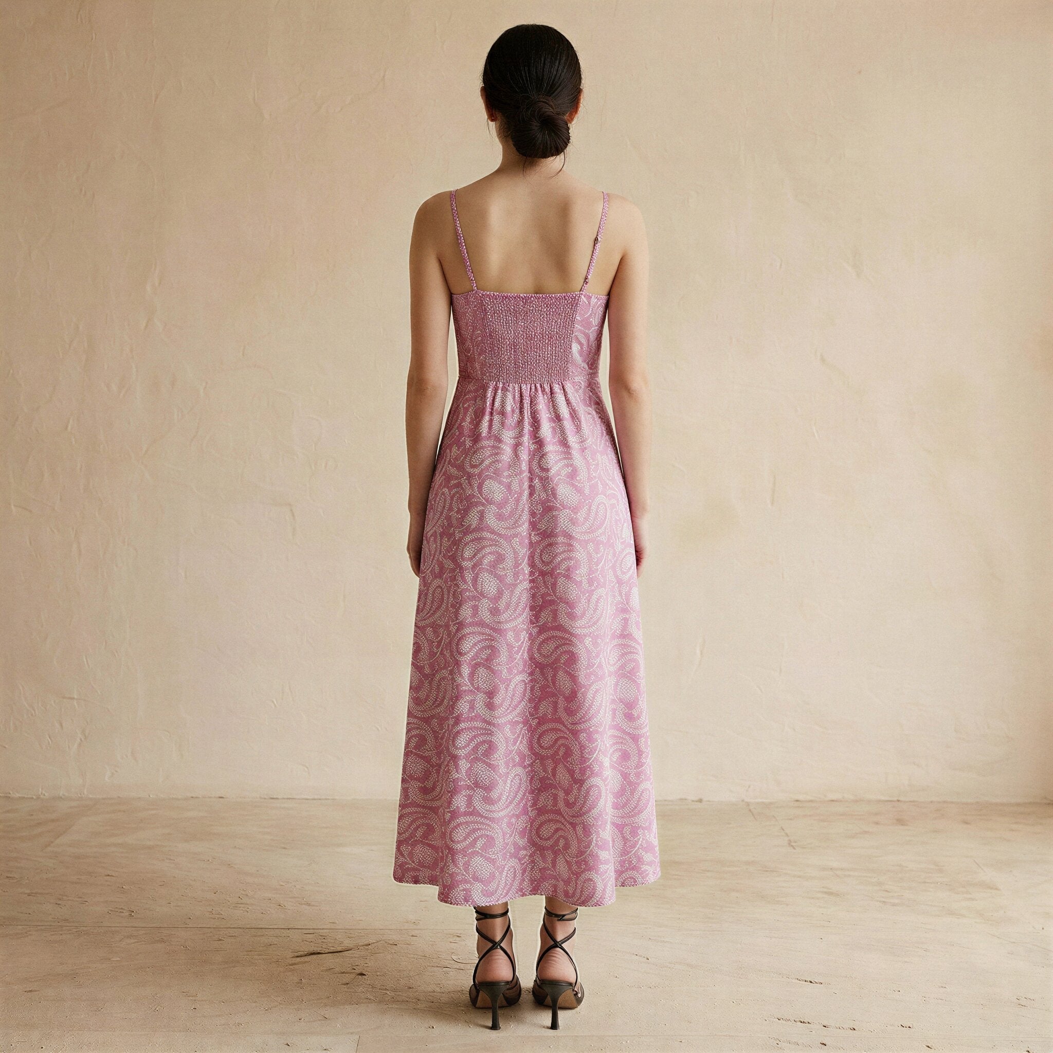 Pink Paisley Floral Block Print Cotton Ankle Length Flared Sundress
