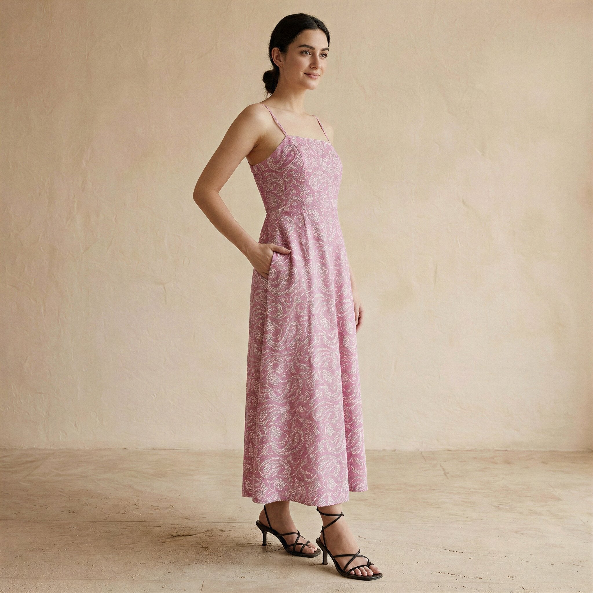 Pink Paisley Floral Block Print Cotton Ankle Length Flared Sundress
