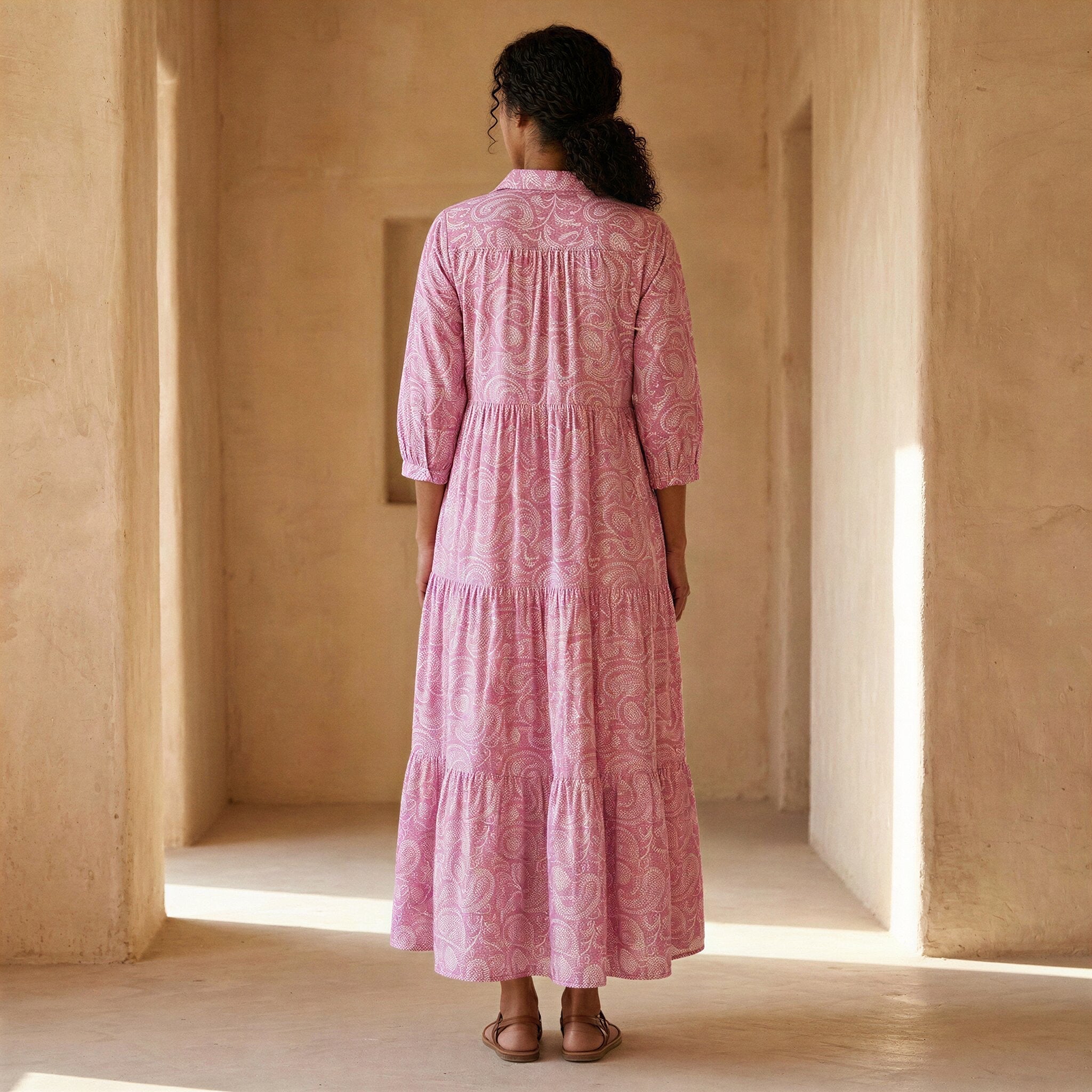 Pink Paisley Floral Block Print Cotton Deep-V Maxi Tier Dress