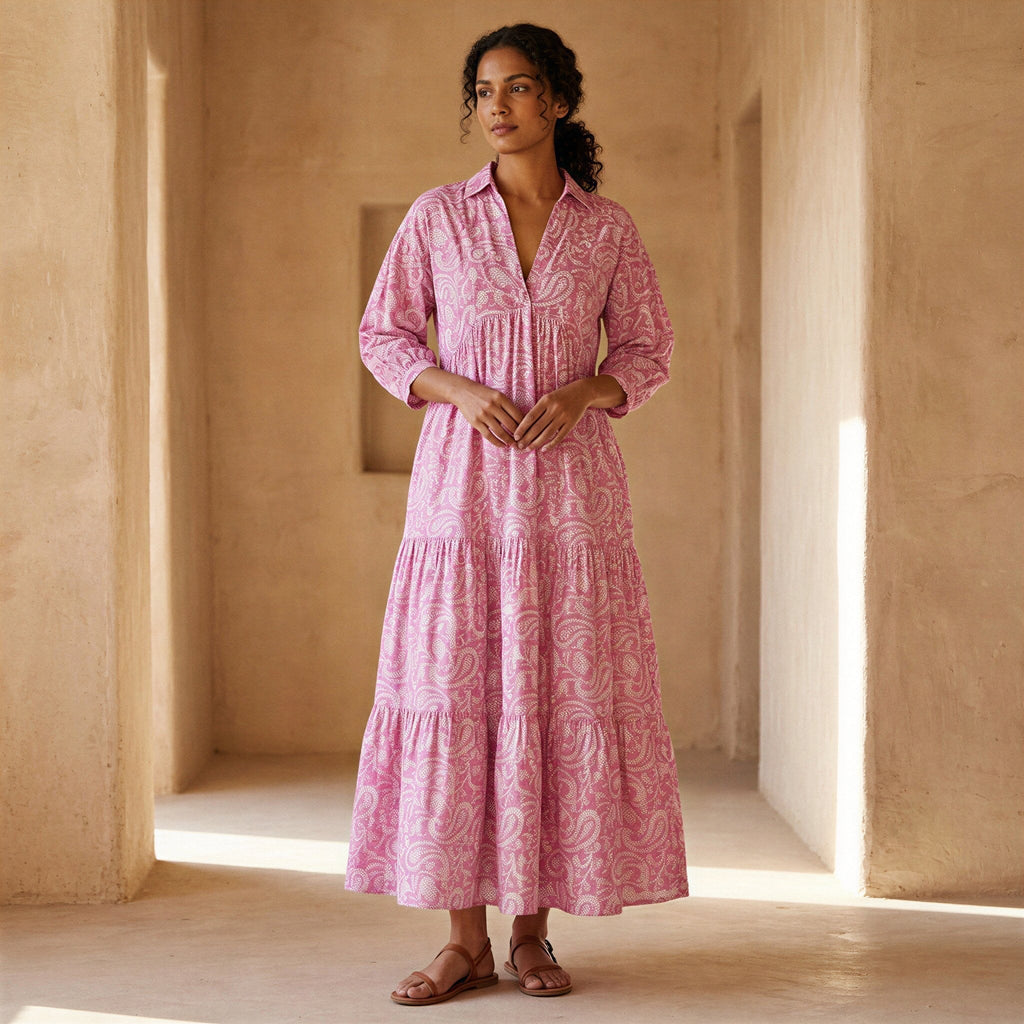 Pink Paisley Floral Block Print Cotton Deep-V Maxi Tier Dress