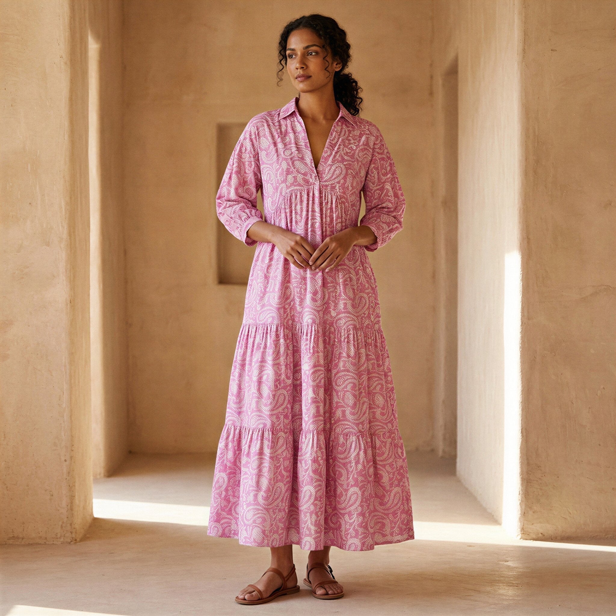 Pink Paisley Floral Block Print Cotton Deep-V Maxi Tier Dress