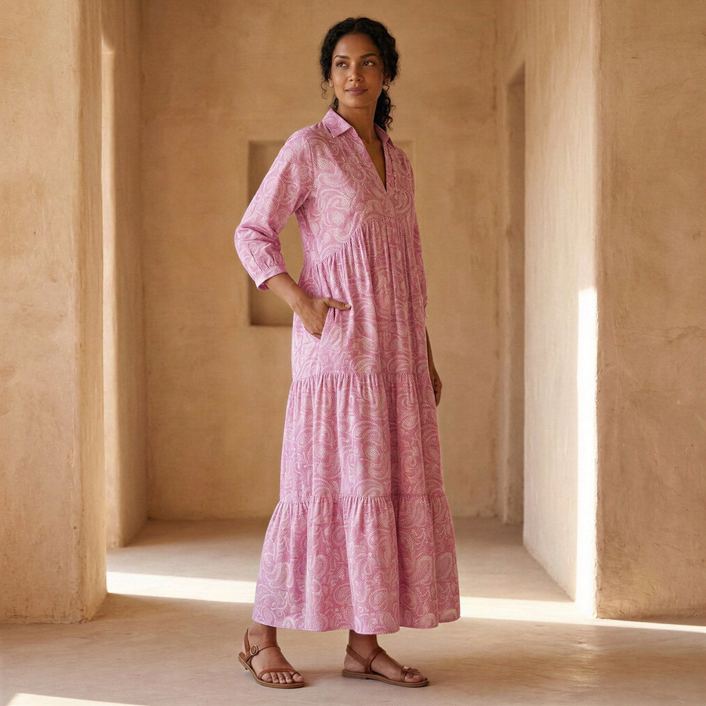 Pink Paisley Floral Block Print Cotton Deep-V Maxi Tier Dress