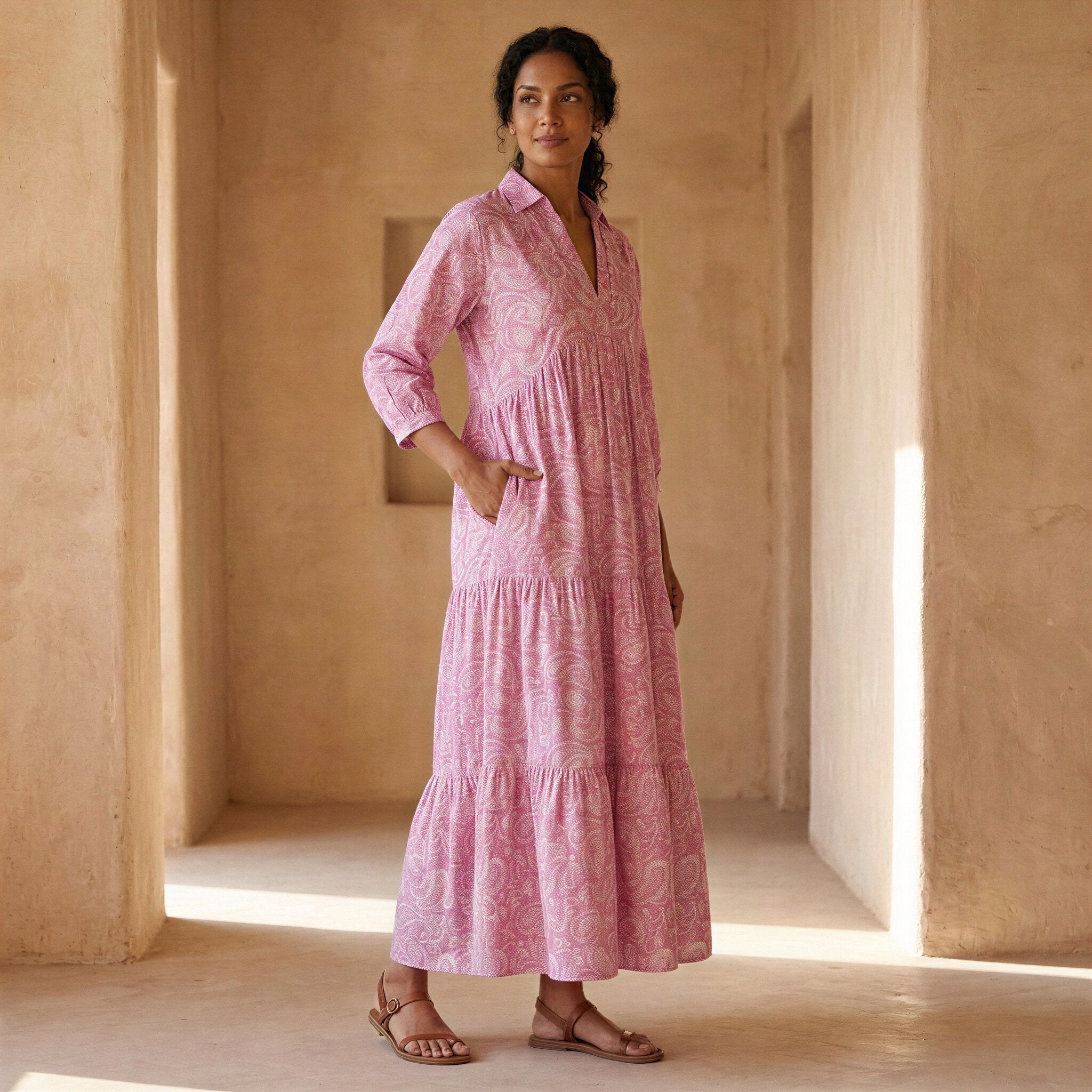 Pink Paisley Floral Block Print Cotton Deep-V Maxi Tier Dress