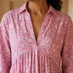 Pink Paisley Floral Block Print Cotton Deep-V Maxi Tier Dress