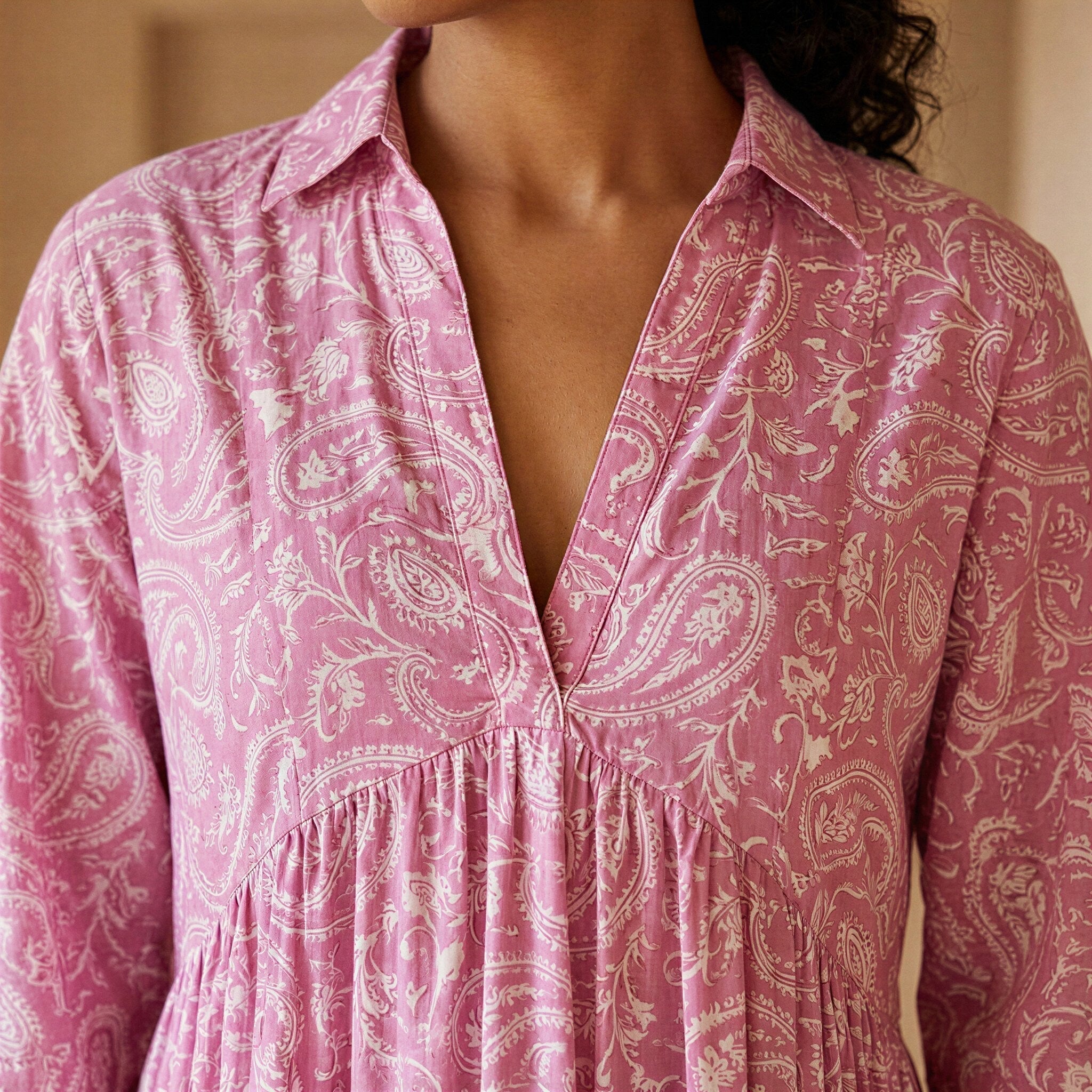 Pink Paisley Floral Block Print Cotton Deep-V Maxi Tier Dress