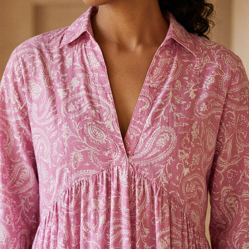Pink Paisley Floral Block Print Cotton Deep-V Maxi Tier Dress