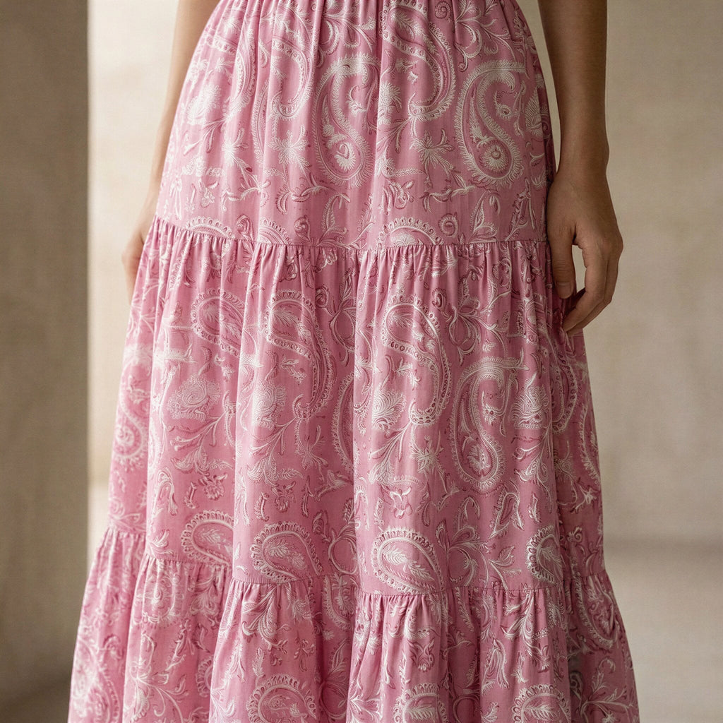 Pink Paisley Floral Block Print Cotton Elasticated Maxi Tier Skirt