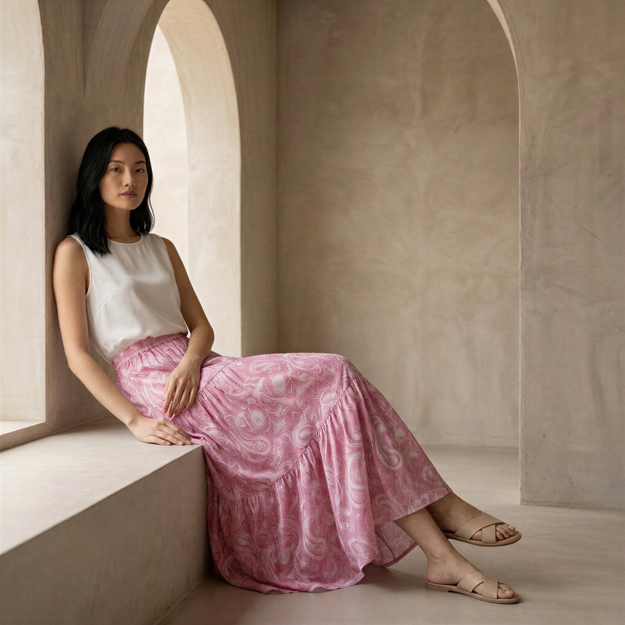 Pink Paisley Floral Block Print Cotton Elasticated Maxi Tier Skirt