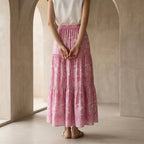 Pink Paisley Floral Block Print Cotton Elasticated Maxi Tier Skirt