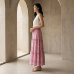 Pink Paisley Floral Block Print Cotton Elasticated Maxi Tier Skirt