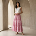 Pink Paisley Floral Block Print Cotton Elasticated Maxi Tier Skirt