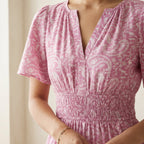 Pink Paisley Floral Block Print Cotton Elasticated Short Tier Dress