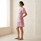 Pink Paisley Floral Block Print Cotton Elasticated Short Tier Dress