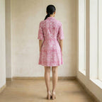 Pink Paisley Floral Block Print Cotton Fit and Flare Button-Down Short Shirt Dress