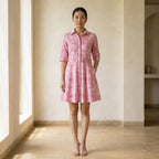 Pink Paisley Floral Block Print Cotton Fit and Flare Button-Down Short Shirt Dress