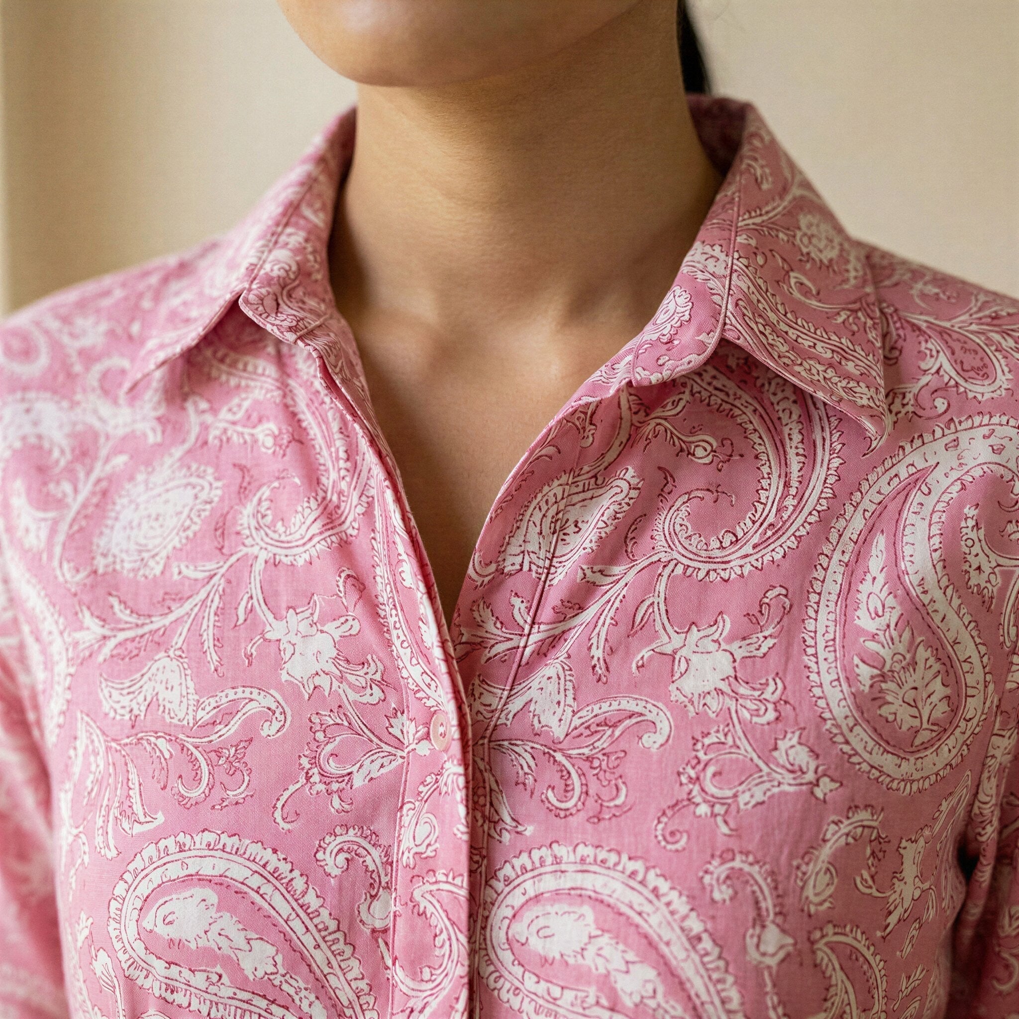Pink Paisley Floral Block Print Cotton Fit and Flare Button-Down Short Shirt Dress