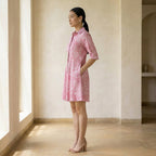 Pink Paisley Floral Block Print Cotton Fit and Flare Button-Down Short Shirt Dress